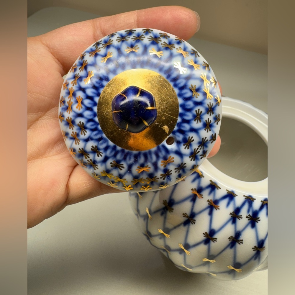 Lomonosov Russian Imperial Porcelain Gold Detailing Cobalt Net Teapot 3 Cup - Picture 6 of 11